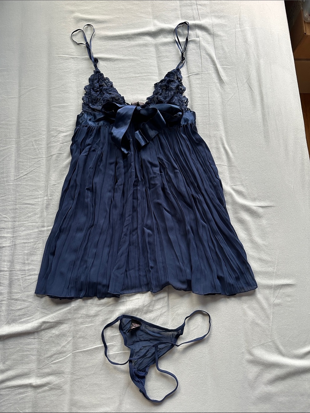 Victoria's Secret Navy Lace-Trim Pleated Satin Babydoll Set